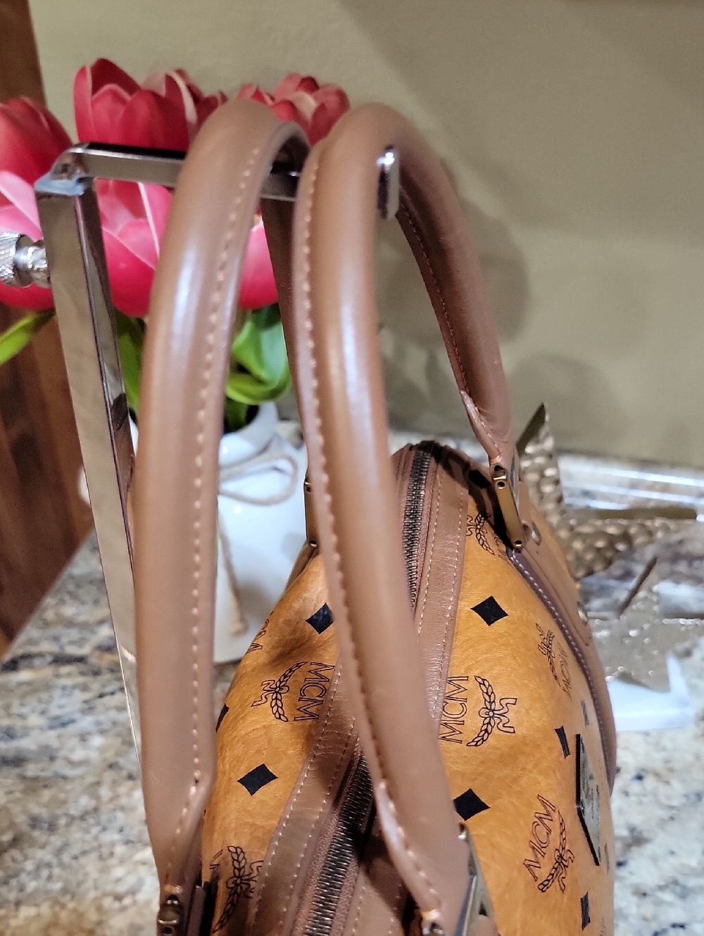 MCM EUC Visetos Cognac Leather Satchel Bag - Picture 5 of 13